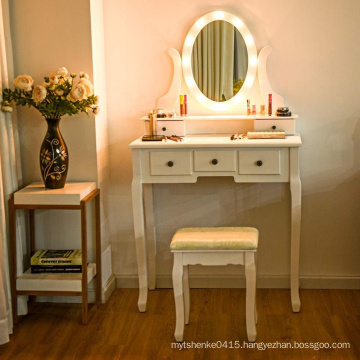 White 5 Drawers 12 LED Lights Bedroom wooden vanity dressing table with Benches